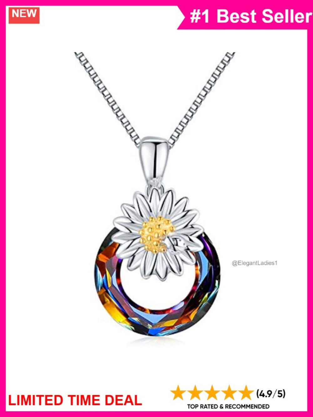 Sterling Silver Sunflower Crystal Pendant Necklace 18" Gift for Her
